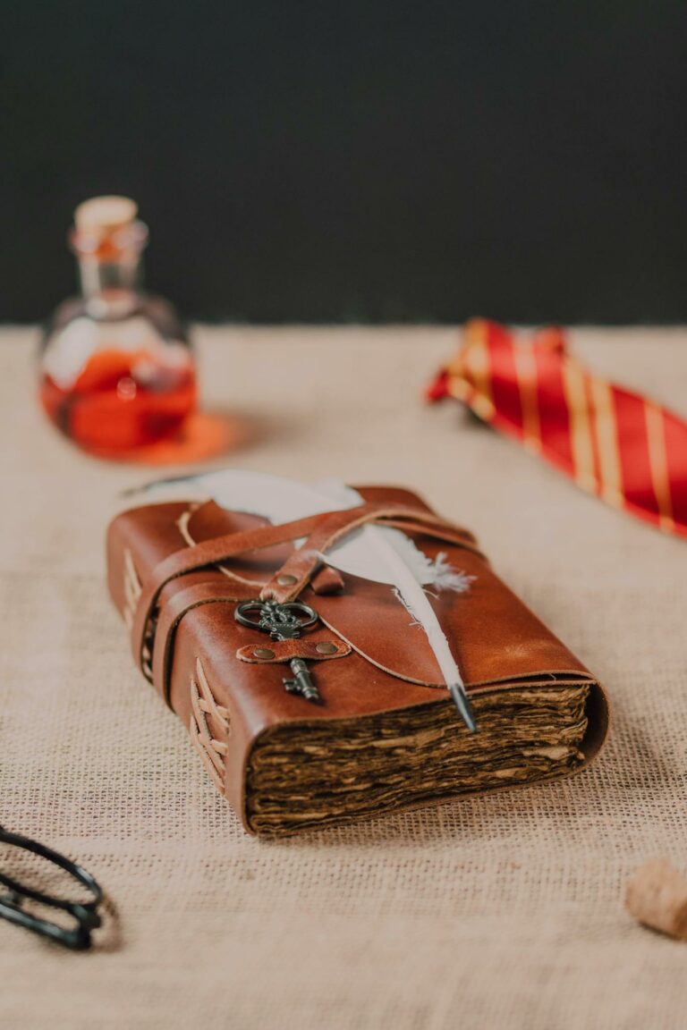 A still life composition of a vintage book, quill, and potion bottle, set with magical accents.